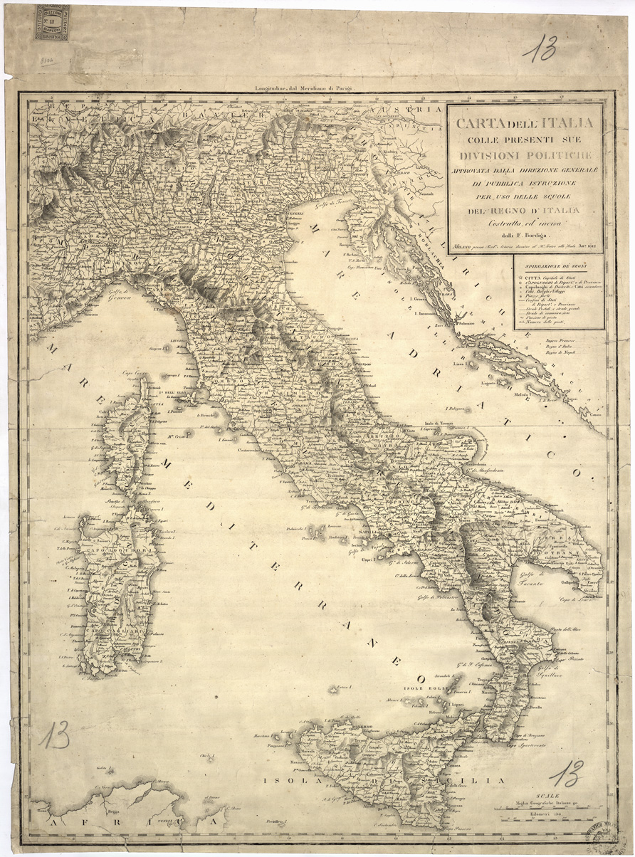 (N:914) CARTA D'ITALIA COLLE PRESENTI SUE DIVISIONI POLITICHE APPROVATA DALLA DIREZIONE GENERALE DI PUBBLICA ISTRUZIONE PER USO DELLE SCUOLE DEL REGNO D'ITALIA COSTRUITA ED INCISA DALLI F. BORDIGA, MILANO, PRESSO F. ARTARIA. (B0007415) Carte e stampe antiche: riproduzione a colori su carta (formato A1)