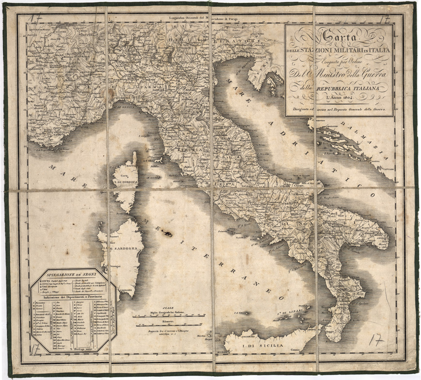 (N:3963) CARTA DELLE STAZIONI MILITARI IN ITALIA ESEGUITA PER ORDINE DEL MINISTERO DELLA GUERRA DELLA REPUBBLICA ITALIANA. DISEGNATA ED INCISA NEL DEPOSITO GENERALE DELLA GUERRA. (B0007416) Carte e stampe antiche: riproduzione a colori su carta (formato A1)