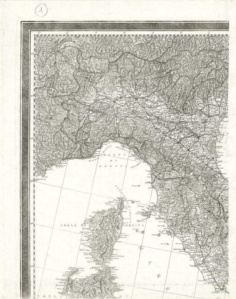(N:12993) NUOVA CARTA DELL'ITALIA ESEGUITA SOTTO LA DIREZIONE DI GIO. ANTONIO RIZZI-ZANNONI, GEOGRAFO DI S. M. SICILIANA; INCISA DA GIUSEPPE GUERRA E RICORRETTA NEL 1833 - Tavola 1 (B0007417) Carte e stampe antiche: riproduzione a colori su carta (formato A1)