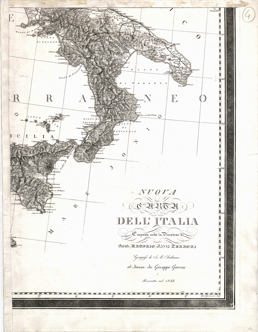 (N:12996) NUOVA CARTA DELL'ITALIA ESEGUITA SOTTO LA DIREZIONE DI GIO. ANTONIO RIZZI-ZANNONI, GEOGRAFO DI S. M. SICILIANA; INCISA DA GIUSEPPE GUERRA E RICORRETTA NEL 1833 - Tavola 4 (B0007420) Carte e stampe antiche: riproduzione a colori su carta (formato A1)