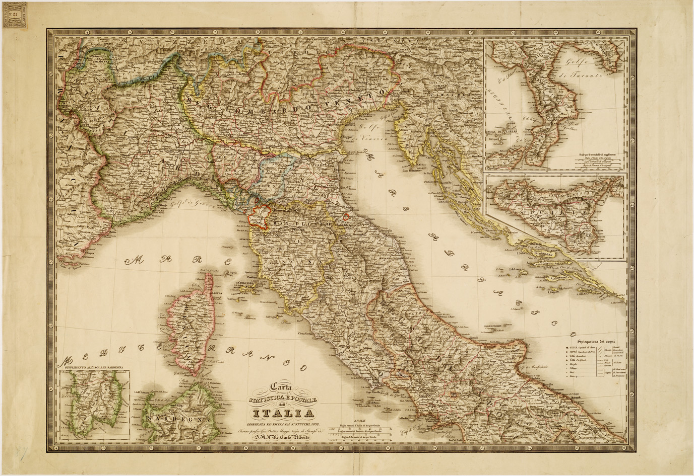 (N:5870) CARTA STATISTICA E POSTALE DELL'ITALIA DISEGNATA ED INCISA DA S. STUCCHI. TORINO. PRESSO GIO. BATTA MAGGI NEGOZIANTE DI STAMPE DI S. M. IL RE CARLO ALBERTO. (B0007421) Carte e stampe antiche: riproduzione a colori su carta (formato A1)