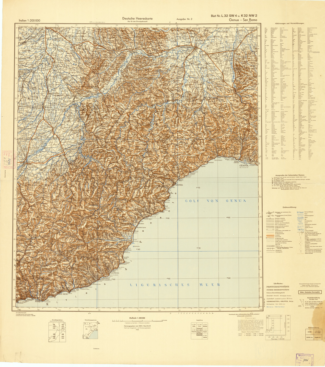 (N:10908) ITALIEN UND GRENZGEBIETE - GENUA-SAN REMO NR.L32 SW 4 K 32 NW 2 (B0007439) Carte e stampe antiche: riproduzione a colori su carta (formato A1)