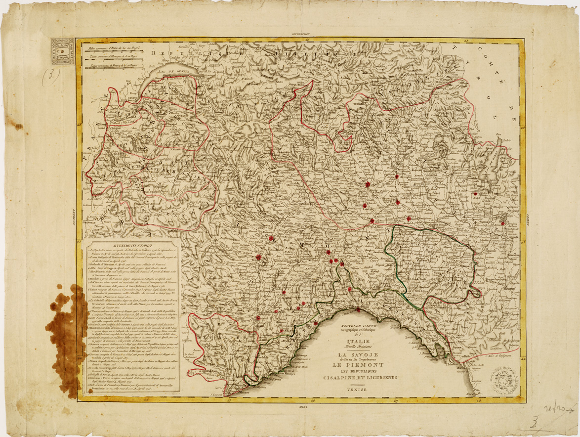 (N:11303) NOUVELLE CARTE GEOGRAPHIQUE ET HISTORIQUE DE L'ITALIE VENEZIA - Foglio 3 LA SAVOJE DIVISEE EN SES DEPARTMENTS, LE PIEMONT...(La Savoia divisa nei suoi dipartimenti, il Piemonte...) (B0007471) Carte e stampe antiche: riproduzione a colori su carta (formato A1)