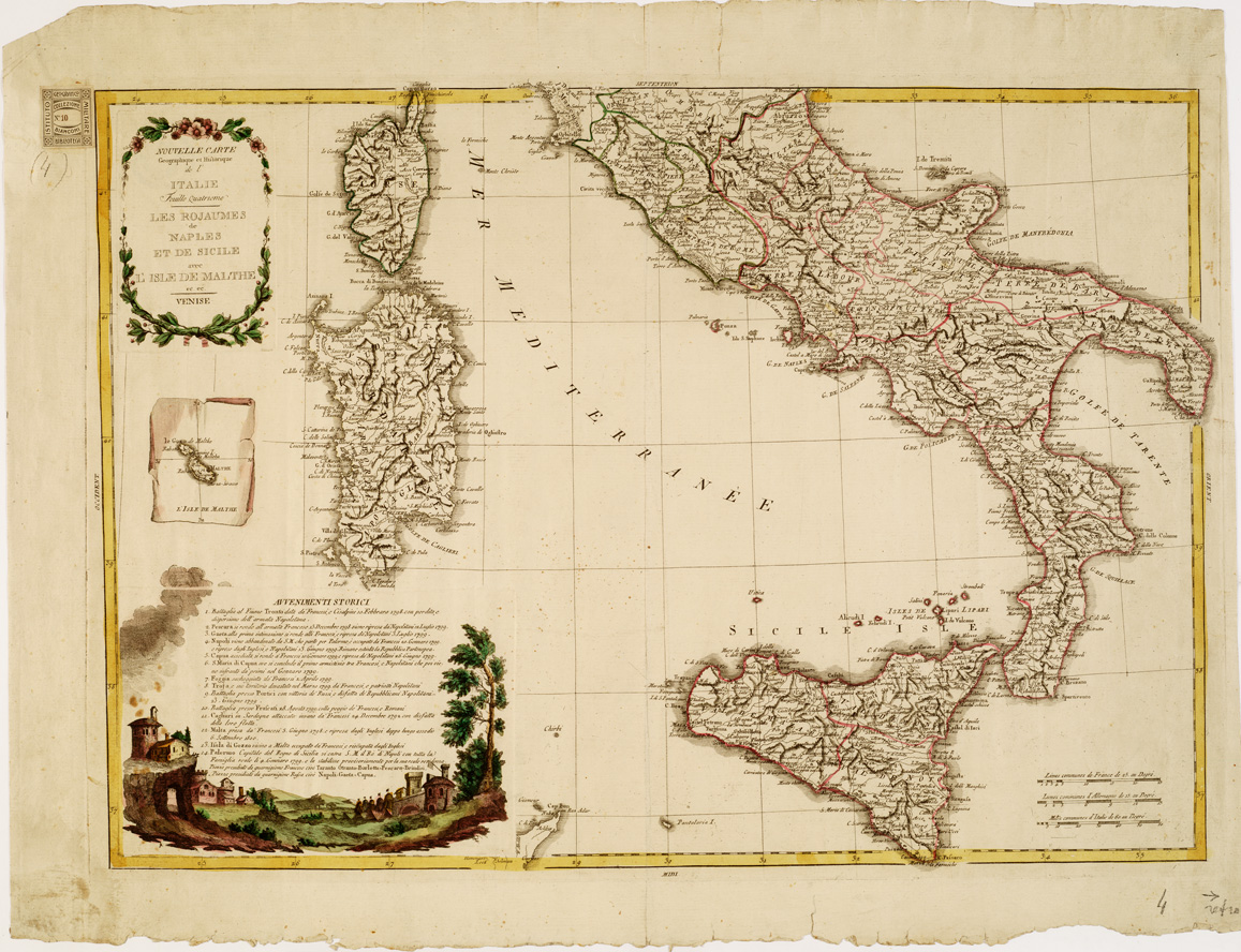 (N:11571) NOUVELLE CARTE GEOGRAPHIQUE ET HISTORIQUE DE L'ITALIE VENEZIA - Foglio 4 LES ROYAUMES DE NAPLES ET DE SICILE AVEC...(Il Regno di Napoli e di Sicilia con l'Isola di Malta,...) (B0007472) Carte e stampe antiche: riproduzione a colori su carta (formato A1)