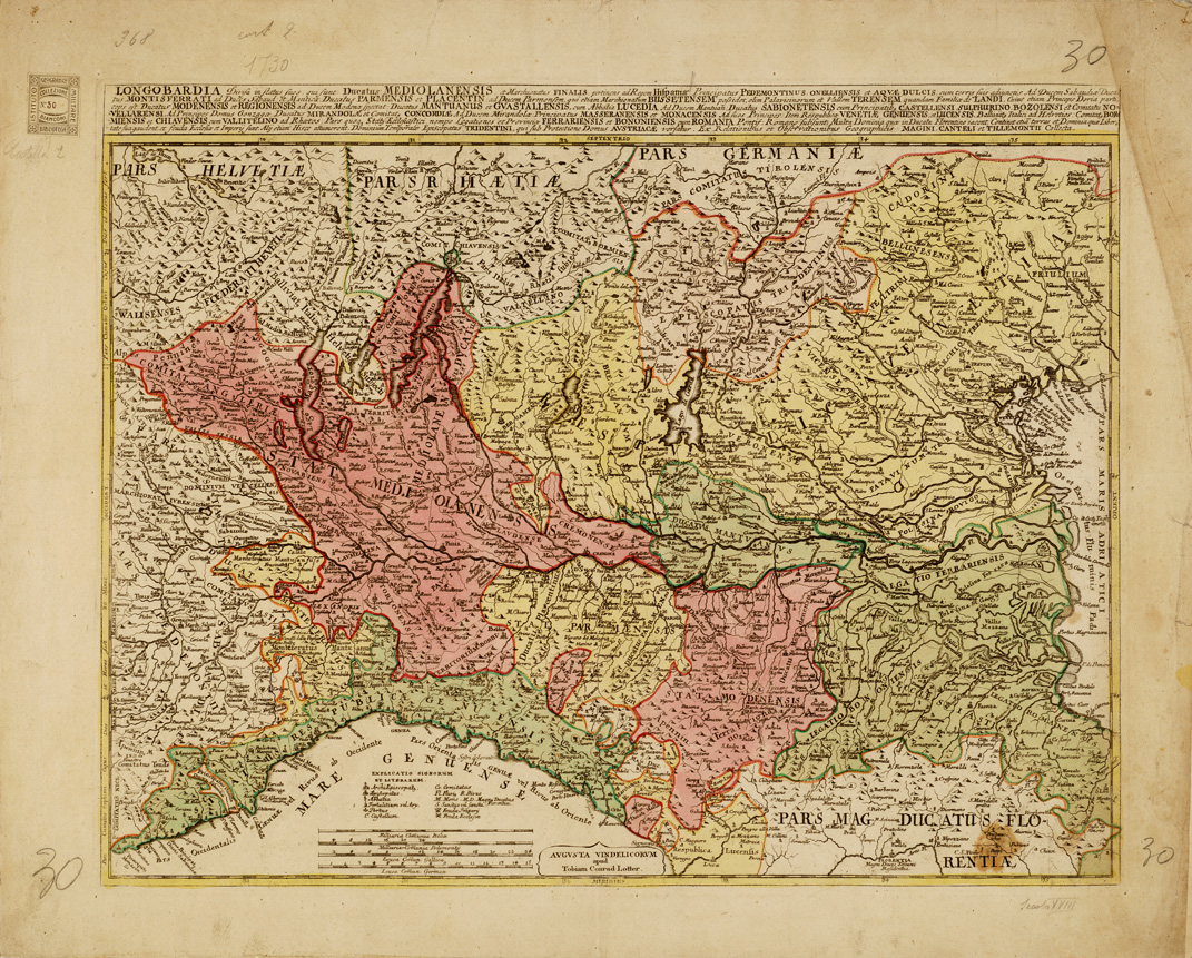 (N:12079) LONGOBARDIA DIVISA IN STATUS SUOS QUI SUNT: DUCATUS MEDIOLANENSIS MANCHIONATUS FINALIS,PERTINENS AD REGEM HISPANIA : PRINCIPATUS PEDEMONTINUS,ONELLIENSIS,ecc., EX RELATIONIBUS ET OBSERVATIONIBUS GEOGRAFICIS MAGINI,CANTELLI ET TILLEMONTII COLLECTA. (B0007473) Carte e stampe antiche: riproduzione a colori su carta (formato A1)