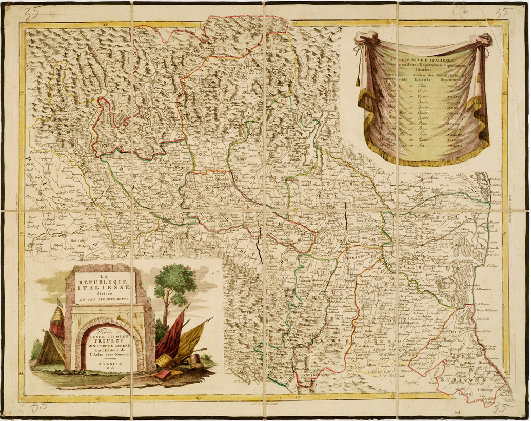 (N:11293) LA REPUBLIQUE ITALIENNE DIVISEE EN SES DEPARTEMENTS. DEDIEE AU GENER. CITOYEN TRIULZI MINISTRE DE GUERRE. PAR L'EDITEUR DE L'ATLAS TRES-NOUVEAU. A VENISE. 1803 (B0007474) Carte e stampe antiche: riproduzione a colori su carta (formato A1)