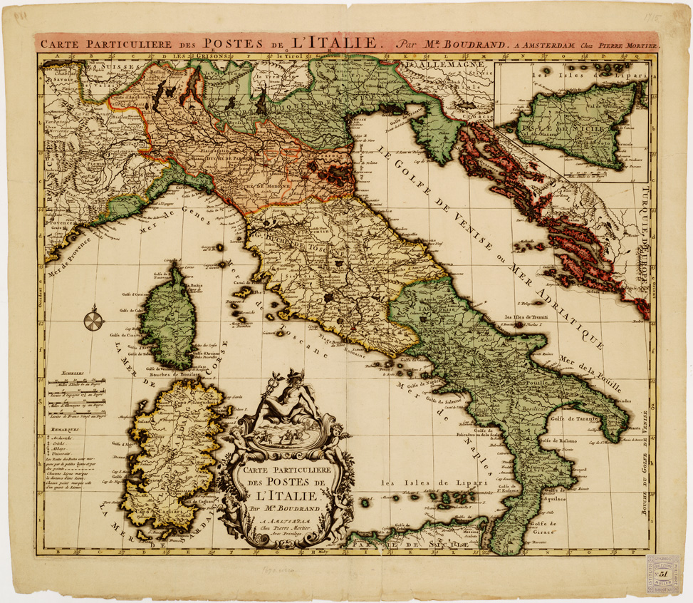 (N:8611) CARTE PARTICULIERE DES POSTES DE L'ITALIE PAR M. BOUDRAND.A AMSTERDAM CHEZ PIERRE MORTIER (B0007515) Carte e stampe antiche: riproduzione a colori su carta (formato A1)