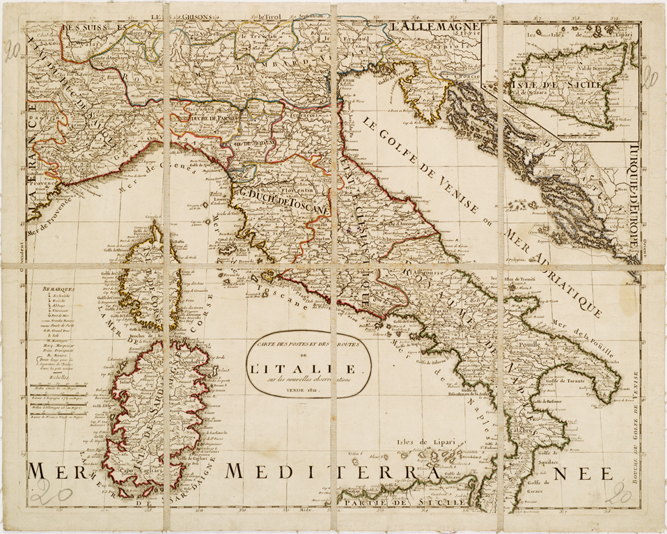 (N:8562) CARTE DES POSTES ET DES ROUTES DE L'ITALIE SUR LES NOUVELLES OBSERVATIONS. VENISE, 1821
(Carta delle poste e delle strade d'Italia) (B0007516) Carte e stampe antiche: riproduzione a colori su carta (formato A1)