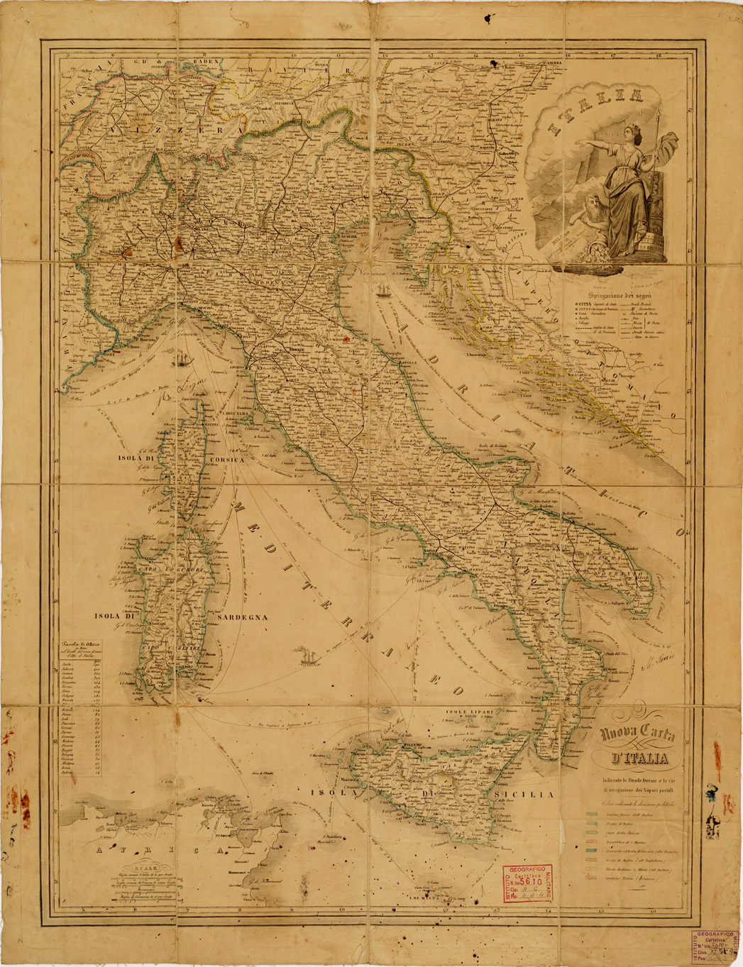 (N:13020) NUOVA CARTA GENERALE D'ITALIA (B0007521) Carte e stampe antiche: riproduzione a colori su carta (formato A1)