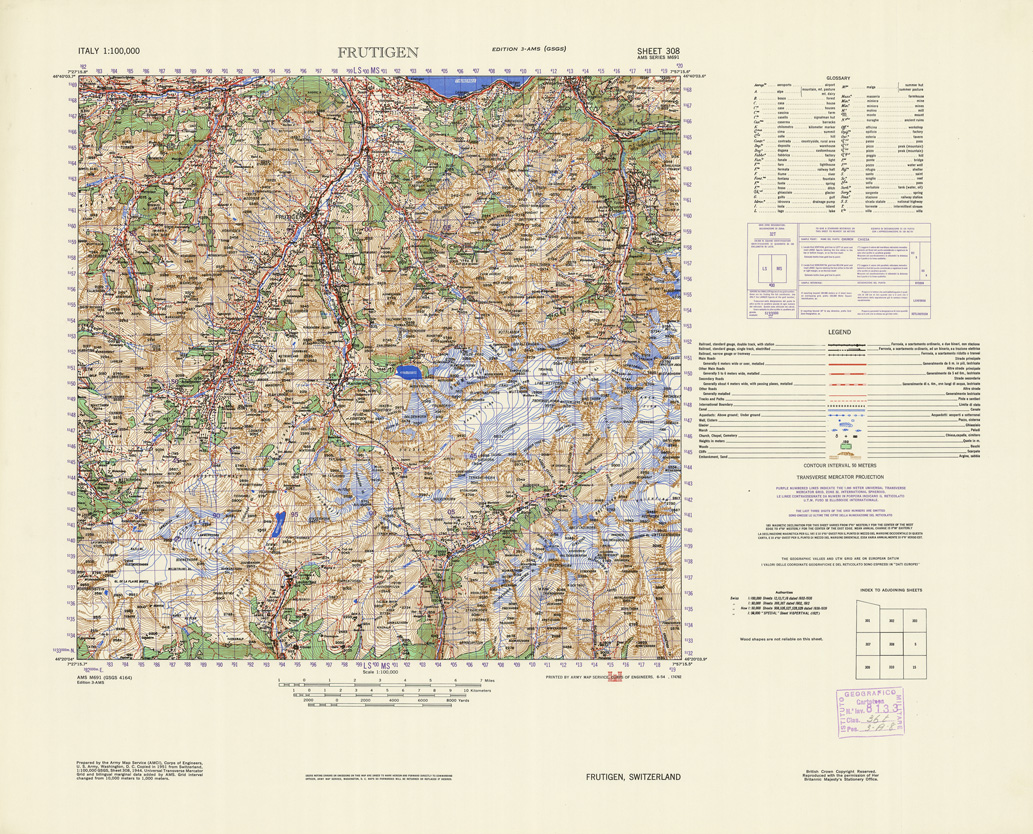 (N:10951) ITALY - FRUTTINGEN SWITZERLAN SHEET 308 (B0007635) Carte e stampe antiche: riproduzione a colori su carta (formato A1)