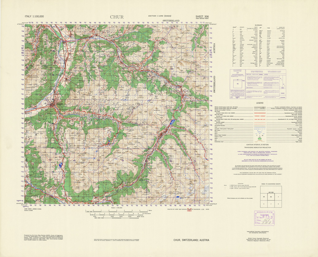 (N:10949) ITALY - CHUR SWITZERLAN SHEET 306 (B0007639) Carte e stampe antiche: riproduzione a colori su carta (formato A1)