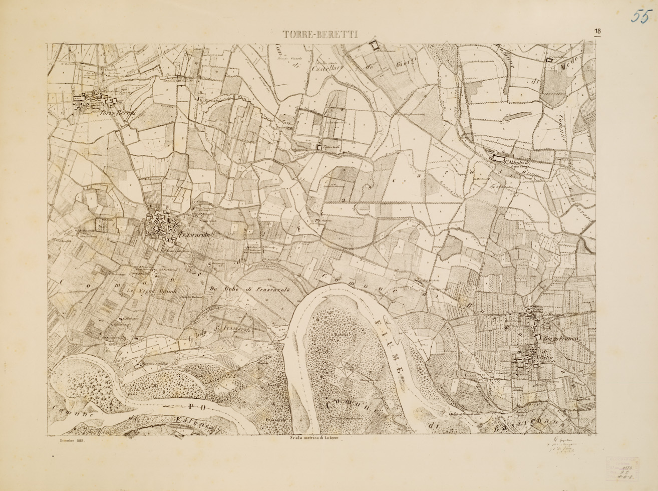 (N:7886) CARTA TOPOGRAFICA DELLA VALLE DEL PO' DA CASALE A PAVIA - Foglio 18 TORRE BERETTI (B0007661) Carte e stampe antiche: riproduzione a colori su carta (formato A1)