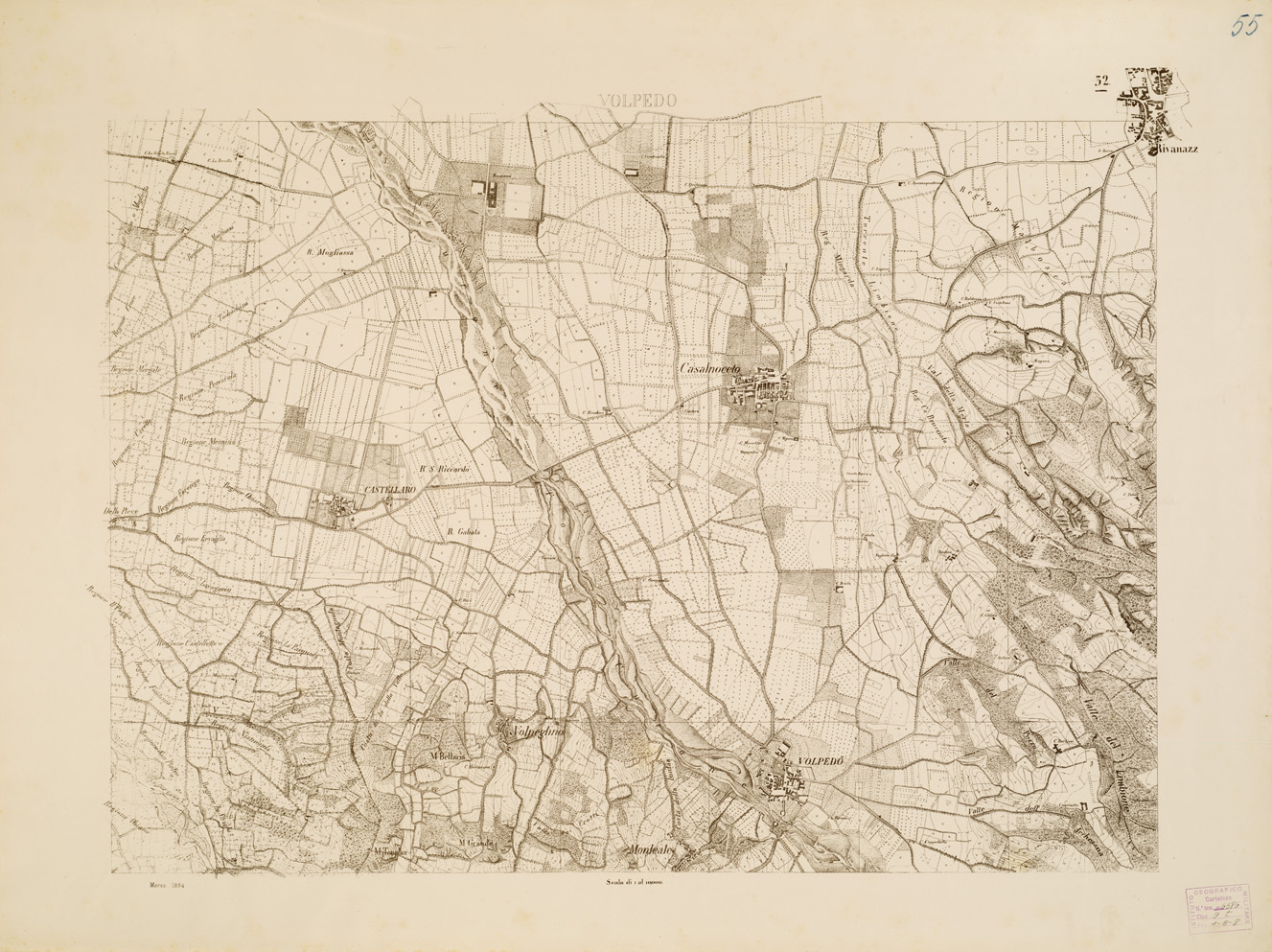 (N:7902) CARTA TOPOGRAFICA DELLA VALLE DEL PO' DA CASALE A PAVIA - Foglio 32 VOLPEDO (B0007675) Carte e stampe antiche: riproduzione a colori su carta (formato A1)