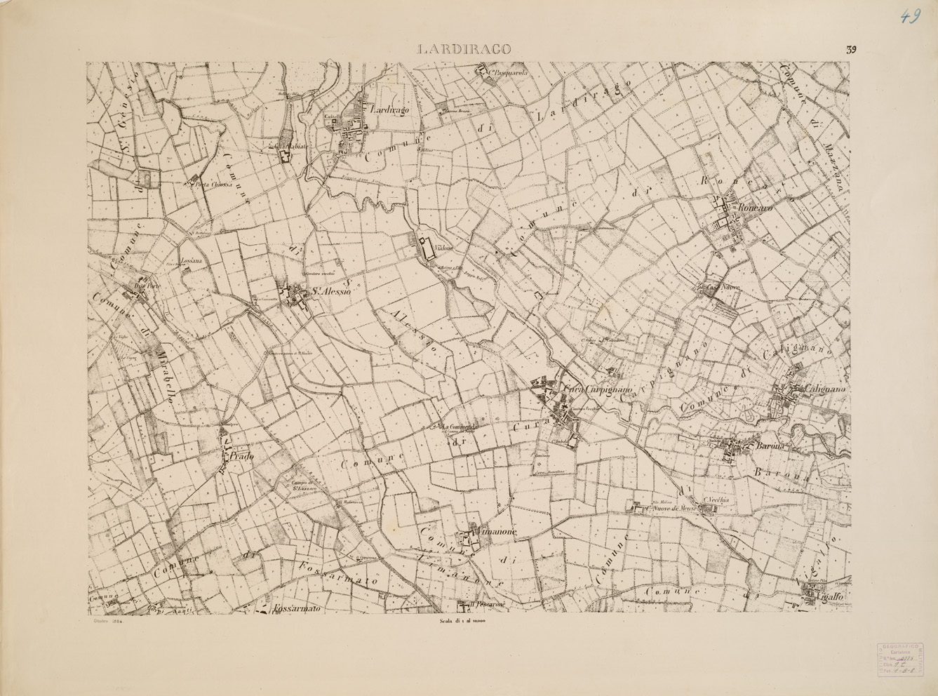 (N:7909) CARTA TOPOGRAFICA DELLA VALLE DEL PO' DA CASALE A PAVIA - Foglio 39 LARDIRAGO (B0007682) Carte e stampe antiche: riproduzione a colori su carta (formato A1)