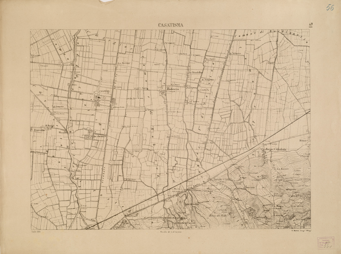 (N:7920) CARTA TOPOGRAFICA DELLA VALLE DEL PO' DA CASALE A PAVIA - Foglio 49 CASATISMA (B0007692) Carte e stampe antiche: riproduzione a colori su carta (formato A1)