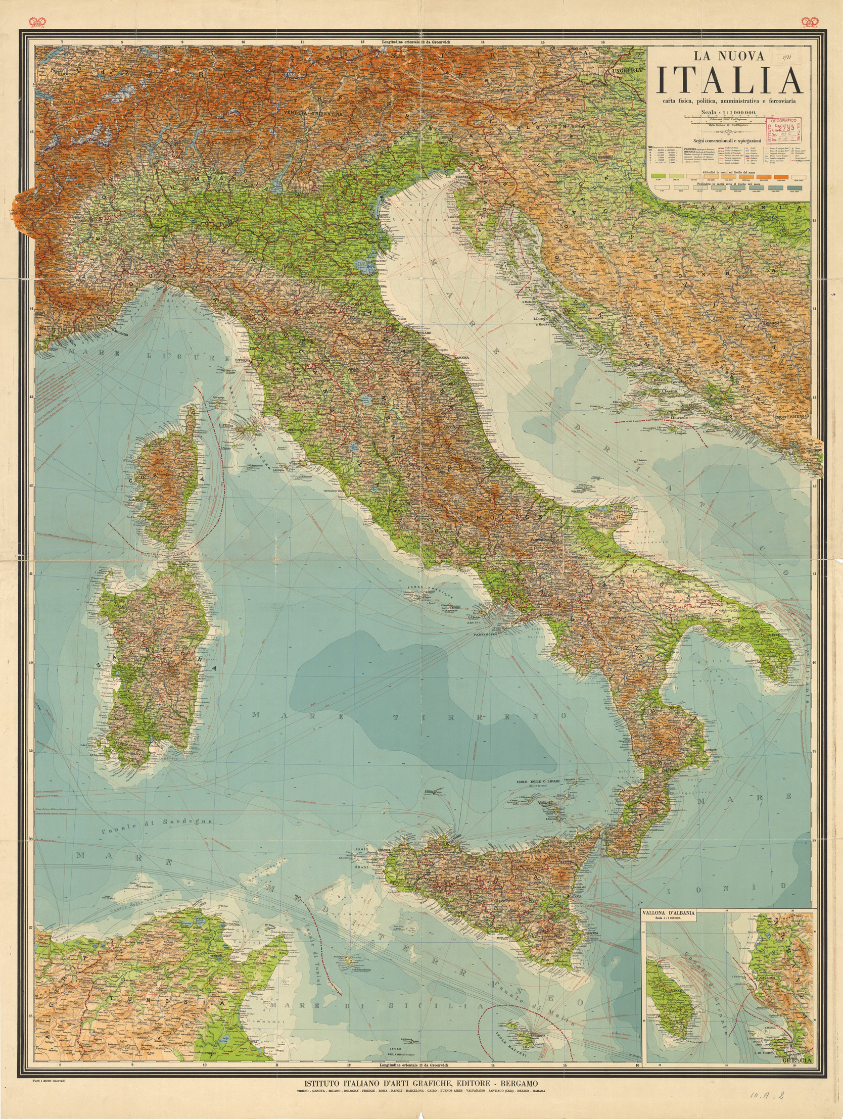 (N:11242) LA NUOVA ITALIA - CARTA POLITICO AMMINISTRATIVA E FERROVIARIA (B0007717) Carte e stampe antiche: riproduzione a colori su carta (formato A1)