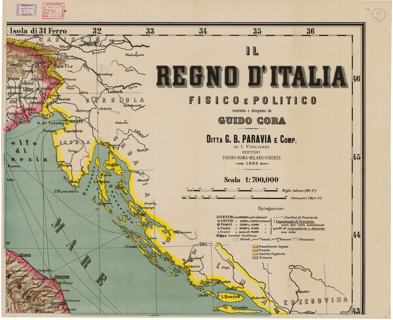 (N:10615) IL REGNO D'ITALIA FISICO E POLITICO - parte 2 (B0007722) Carte e stampe antiche: riproduzione a colori su carta (formato A1)