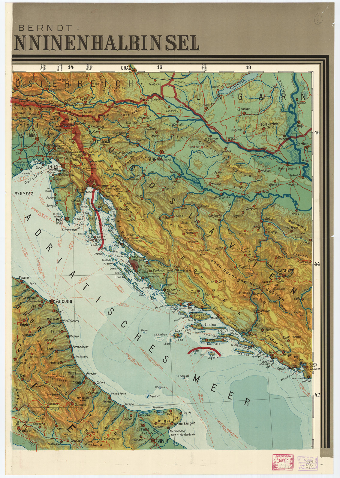 (N:13369) WANDERKARTE DER APENNINEN HALBINSEL (B0007729) Carte e stampe antiche: riproduzione a colori su carta (formato A1)