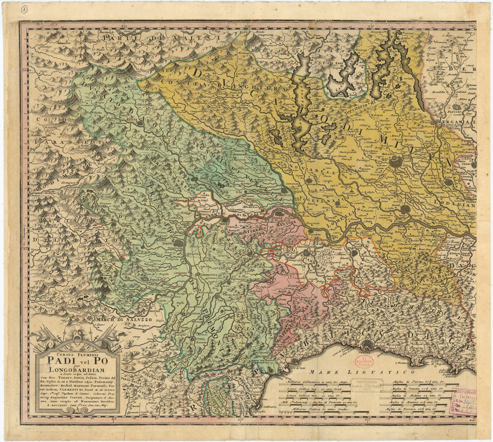 (N:9283) CURSUS FLUMINIS PADI VEL PO PER LONGOBARDIAM... - Foglio 1 (B0007737) Carte e stampe antiche: riproduzione a colori su carta (formato A1)