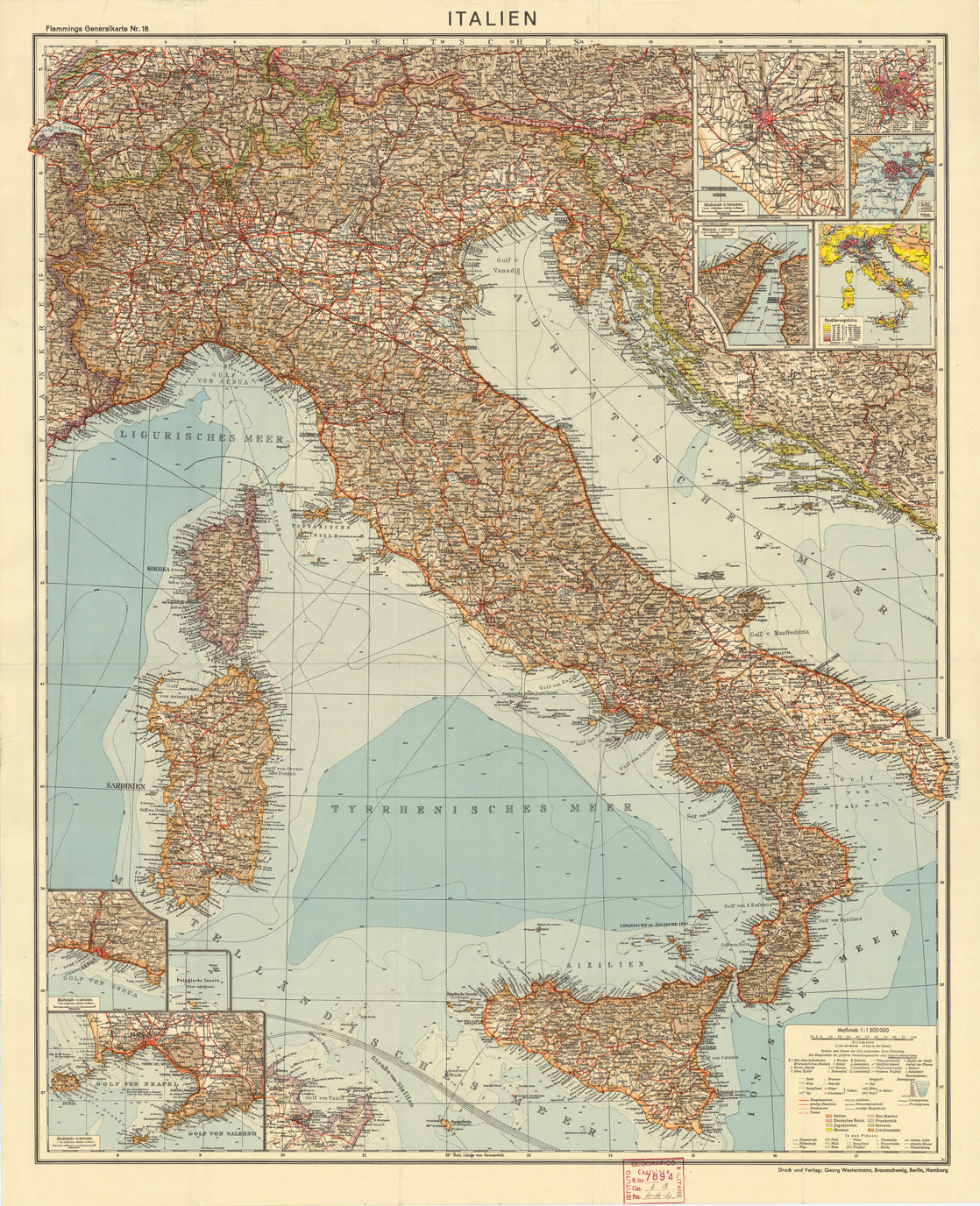 (N:10895) ITALIEN (FLEMMINGS GENERALKARTE N. 18) (B0007767) Carte e stampe antiche: riproduzione a colori su carta (formato A1)