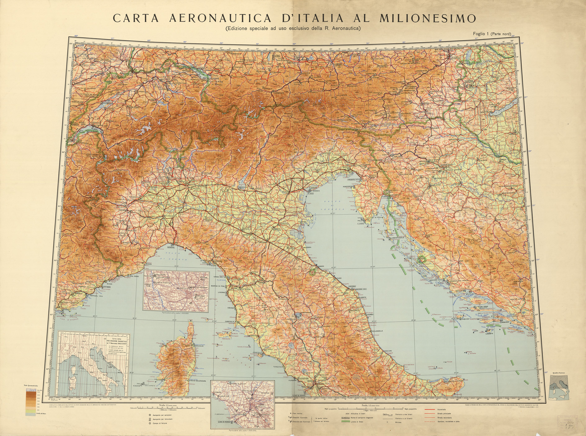 (N:560) CARTA AERONAUTICA D'ITALIA AL MILIONESIMO - Foglio 1 (B0007883) Carte e stampe antiche: riproduzione a colori su carta (formato A1)