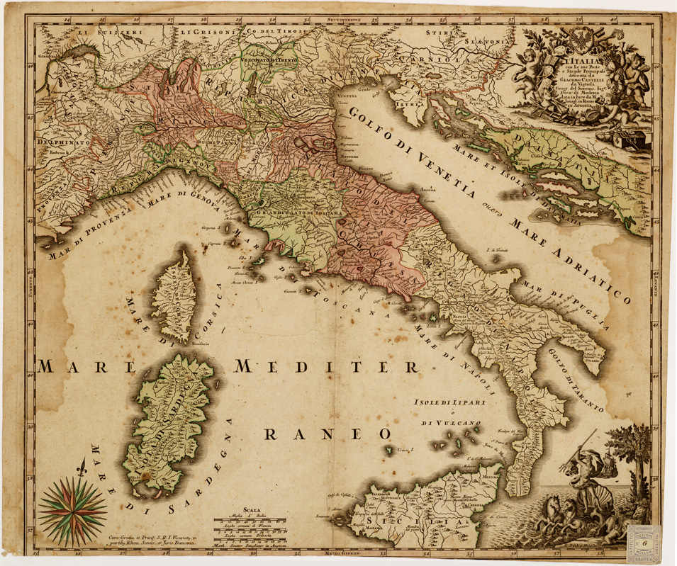 (N:11147) L'ITALIA CON LE SUE POSTE E STRADE PRINCIPALI... (B0007980) Carte e stampe antiche: riproduzione a colori su carta (formato A1)