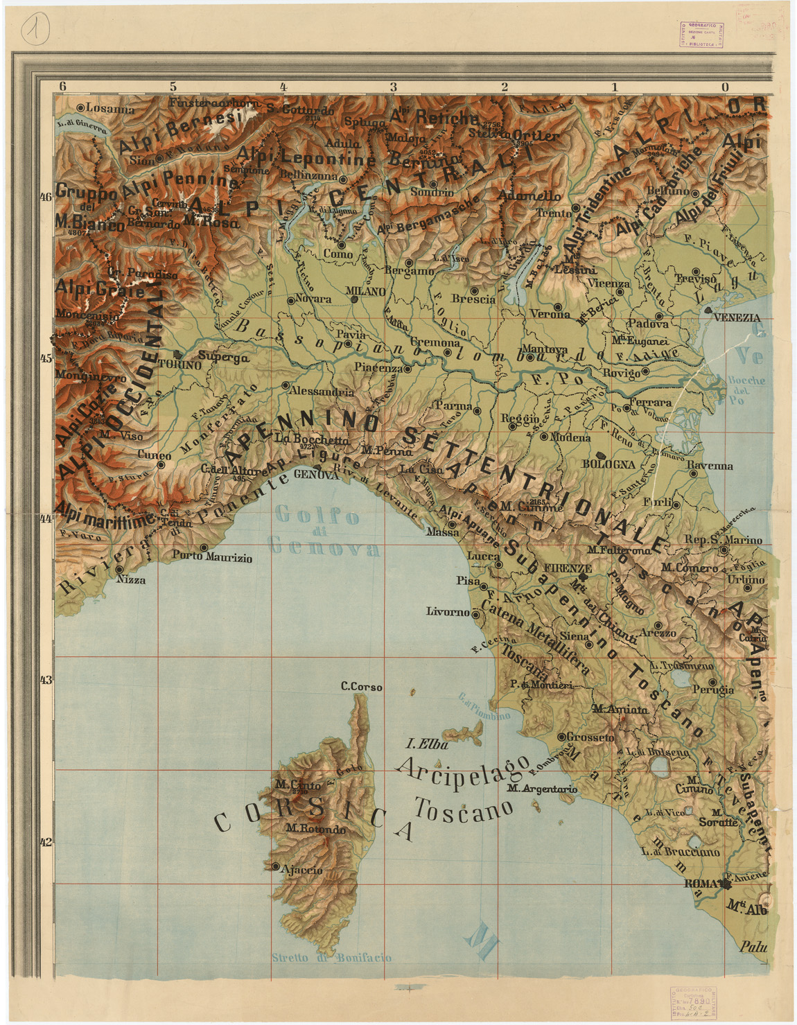 (N:4524) CARTA FISICA D'ITALIA PUBBLICATA DALL'ISTITUTO GEOGRAFICO ITALIANO COL PATROCINIO DEL COMUNE DI ROMA MDCCCLXXXIX. - Foglio 1 (B0008051) Carte e stampe antiche: riproduzione a colori su carta (formato A1)