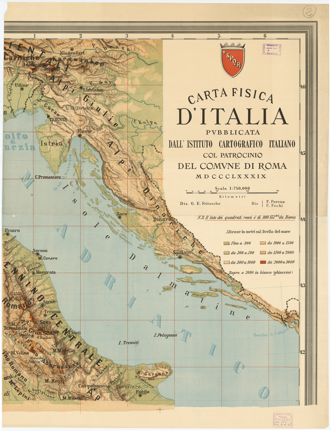 (N:4526) CARTA FISICA D'ITALIA PUBBLICATA DALL'ISTITUTO CARTOGRAFICO ITALIANO COL PATROCINIO DEL COMUNE DI ROMA MDCCCLXXXIX.  - Foglio 2 (B0008053) Carte e stampe antiche: riproduzione a colori su carta (formato A1)