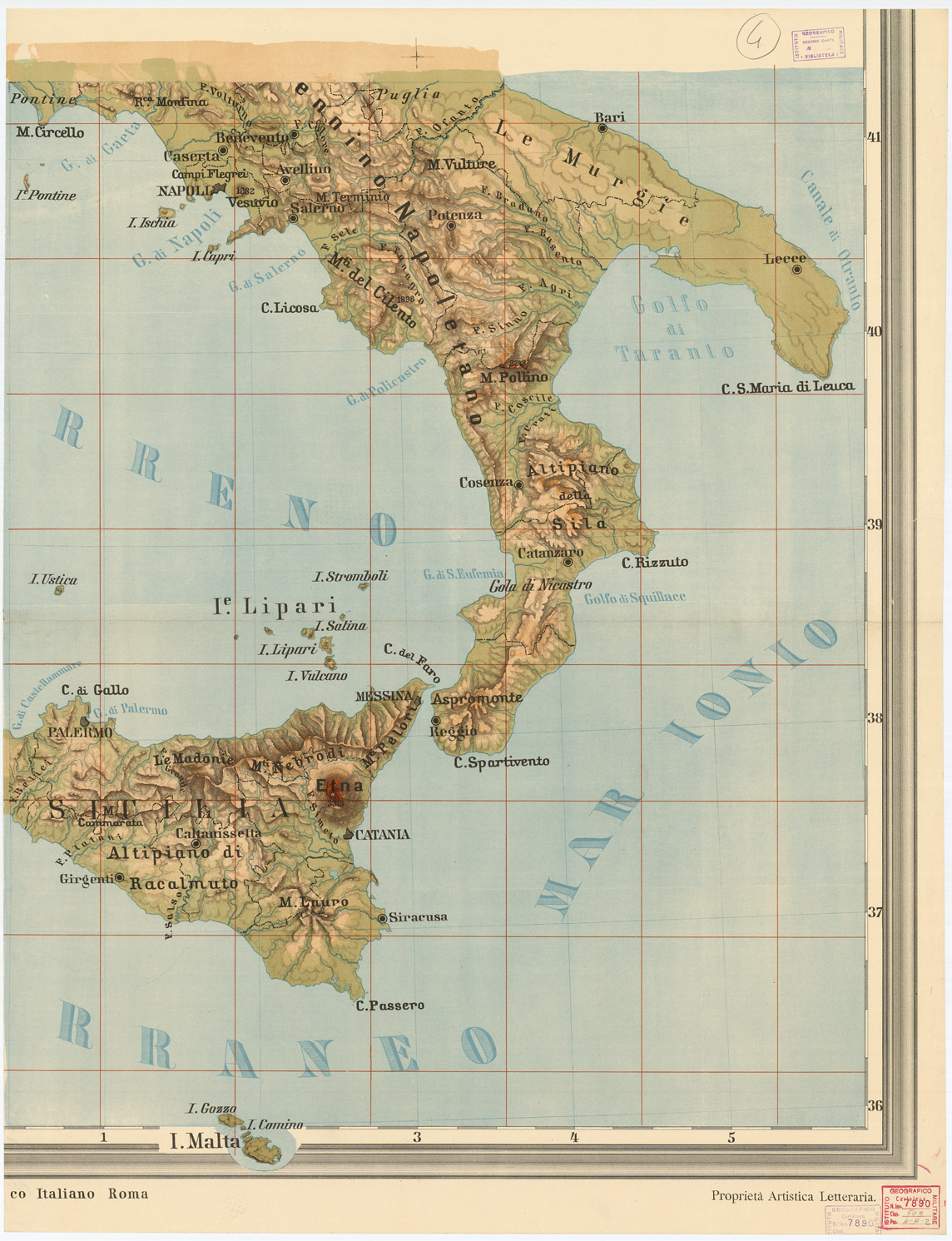 (N:4529) CARTA FISICA D'ITALIA PUBBLICATA DALL'ISTITUTO CARTOGRAFICO ITALIANO COL PATROCINIO DEL COMUNE DI ROMA MDCCCLXXXIX.  - Foglio 4 (B0008057) Carte e stampe antiche: riproduzione a colori su carta (formato A1)