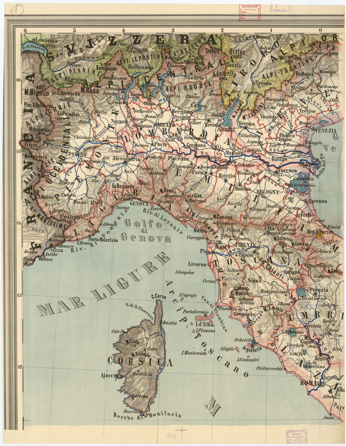 (N:4531) CARTA POLITICA D'ITALIA PUBBLICATA DALL'ISTITUTO CARTOGRAFICO ITALIANO COL PATROCINIO DEL COMUNE DI ROMA MDCCCXCIX. - Foglio 1 (B0008059) Carte e stampe antiche: riproduzione a colori su carta (formato A1)