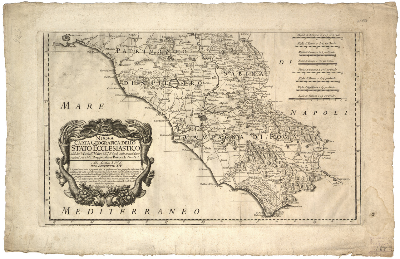 (N:13026) NUOVA CARTA GEOGRAFICA DELLO STATO ECCLESIASTICO DELINEATA DAL P. CRISTOFORO MAIRE D.A C.A DI GESU' SULLE COMUNI OSSERVAZIONI SUE E DEL P. RUGGIERO GIUS.E BOSCOVICH. D.A MED.A C.A. - Foglio 1 (B0002699, B0008253) Carte e stampe antiche: riproduzione a colori su carta (formato A1)