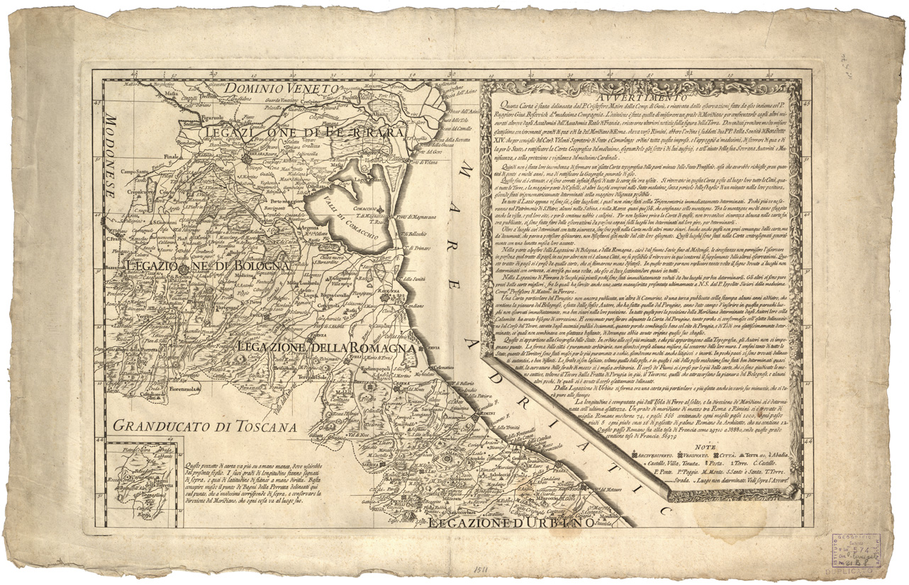 (N:13027) NUOVA CARTA GEOGRAFICA DELLO STATO ECCLESIASTICO DELINEATA DAL P. CRISTOFORO MAIRE D.A C.A DI GESU' SULLE COMUNI OSSERVAZIONI SUE E DEL P. RUGGIERO GIUS.E BOSCOVICH. D.A MED.A C.A. - Foglio 2 (B0002700, B0008254) Carte e stampe antiche: riproduzione a colori su carta (formato A1)
