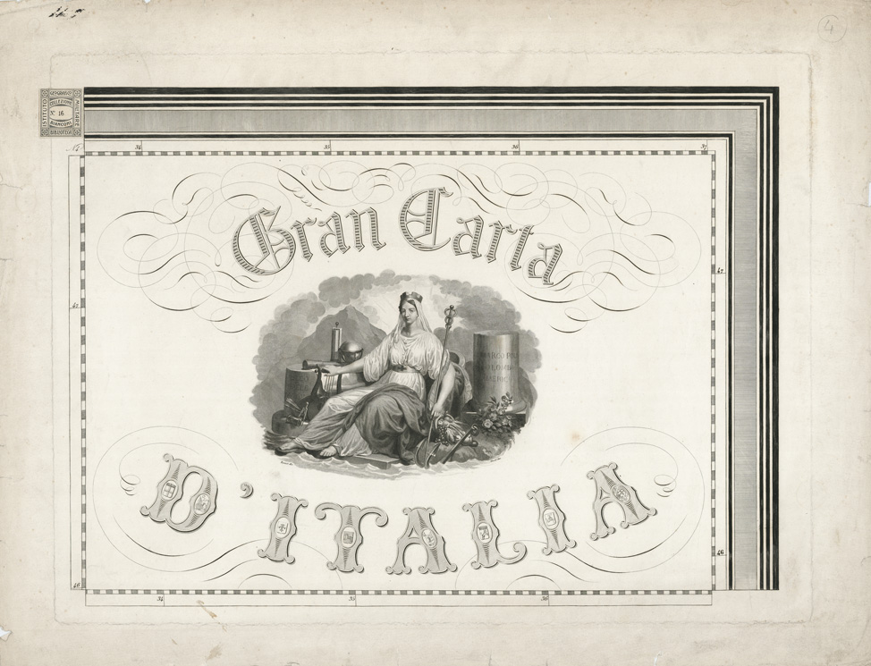 (N:10477) GRAN CARTA D'ITALIA DISEGNATA ED INCISA COLLA SCORTA DELLE OPERE PIU' RECENTI ED ACCREDITATE DI GEOGRAFIA PUBBLICATA PER CURA DI G. CIVELLI E COMP. ... - Foglio 4 - Titolo (B0008291) Carte e stampe antiche: riproduzione a colori su carta (formato A1)