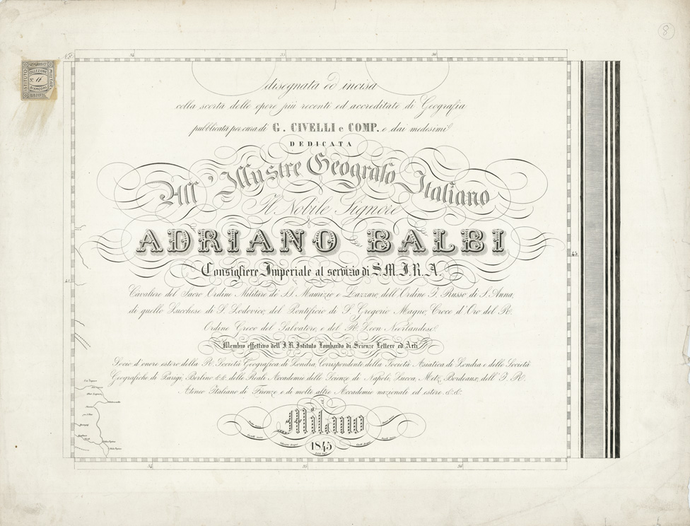 (N:10481) GRAN CARTA D'ITALIA DISEGNATA ED INCISA COLLA SCORTA DELLE OPERE PIU' RECENTI ED ACCREDITATE DI GEOGRAFIA PUBBLICATA PER CURA DI G. CIVELLI E COMP. ... - Foglio 8 - Titolo (B0008295) Carte e stampe antiche: riproduzione a colori su carta (formato A1)