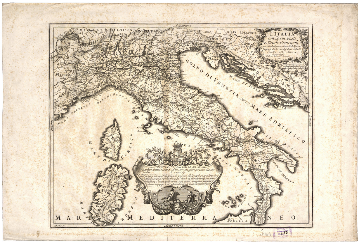(N:11145) L'ITALIA CON LE SUE POSTE E STRADE PRINCIPALI... (B0008346) Carte e stampe antiche: riproduzione a colori su carta (formato A1)