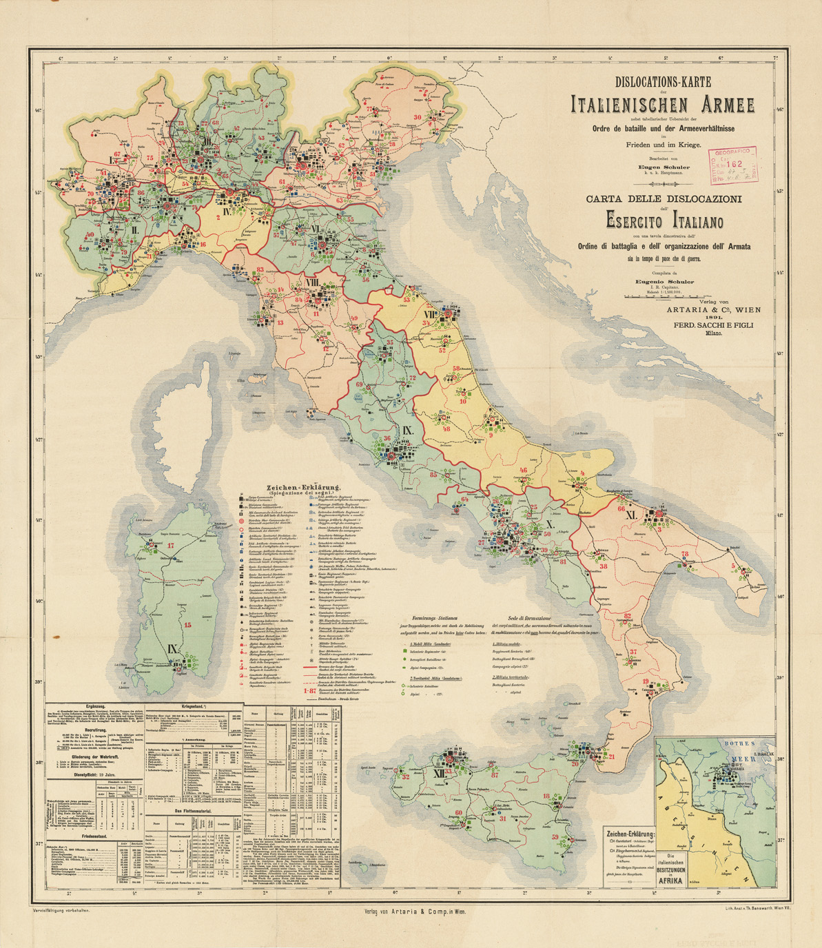 (N:3785) CARTA DELLE DISLOCAZIONI DELL'ESERCITO ITALIANO CON UNA TAVOLA DIMOSTRATIVA DELL'ORDINE DI BATTAGLIA E DELL'ORGANIZZAZIONE DELL'ARMATA SIA IN TEMPO DI PACE CHE DI GUERRA (B0008380) Carte e stampe antiche: riproduzione a colori su carta (formato A1)