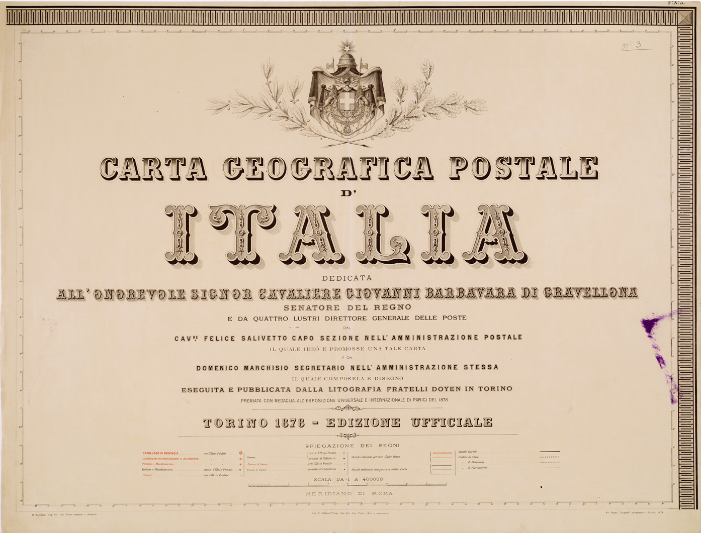 (N:5026) CARTA GEOGRAFICA POSTALE D'ITALIA- Foglio 3 - Titolo (B0008396) Carte e stampe antiche: riproduzione a colori su carta (formato A1)