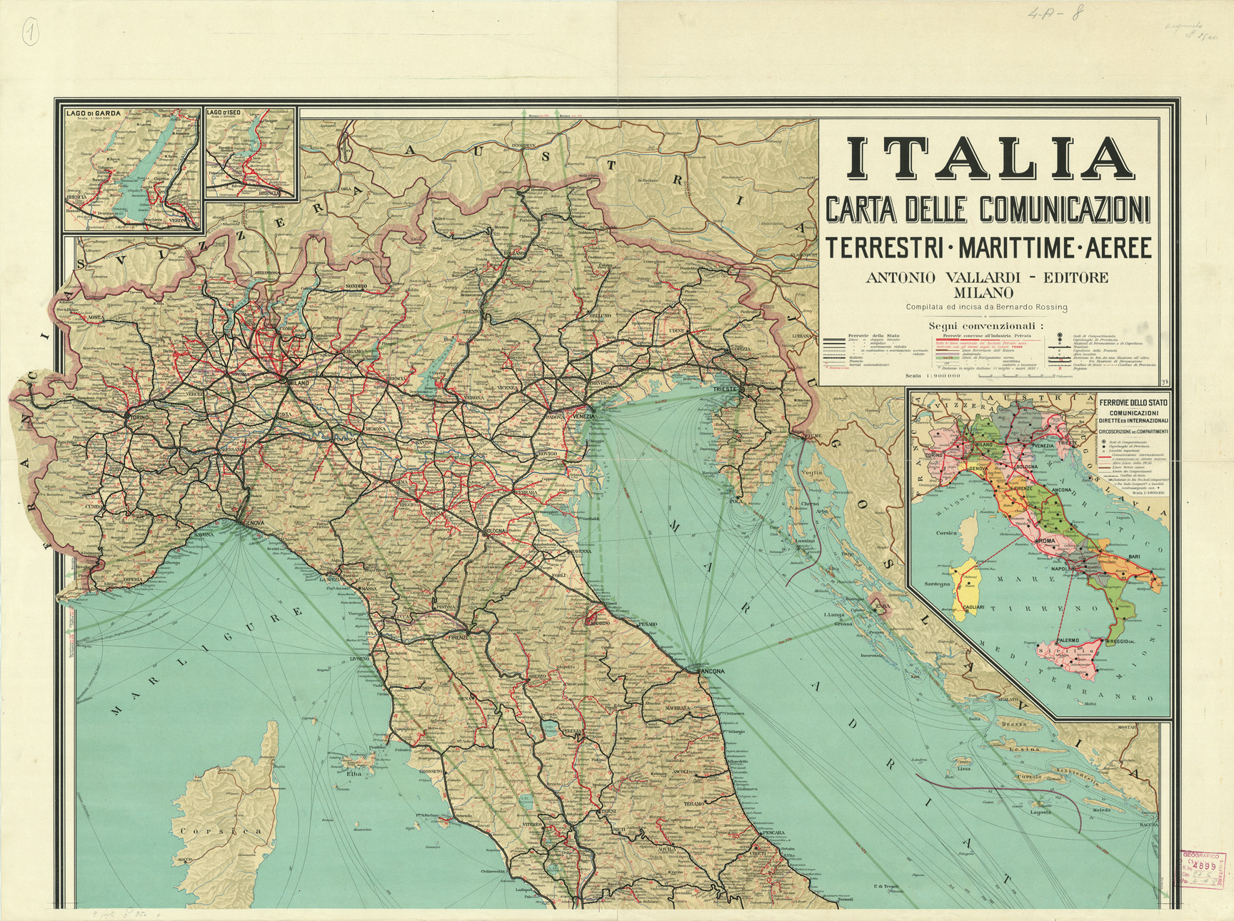 (N:3779) ITALIA, CARTA DELLE COMUNICAZIONI TERRESTRI MARITTIME AEREE - Foglio 1 (B0008409) Carte e stampe antiche: riproduzione a colori su carta (formato A1)