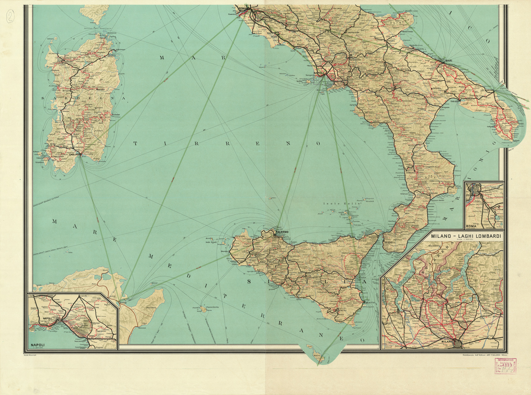 (N:3781) ITALIA, CARTA DELLE COMUNICAZIONI TERRESTRI MARITTIME ED AEREE - Foglio 2 (B0008411) Carte e stampe antiche: riproduzione a colori su carta (formato A1)