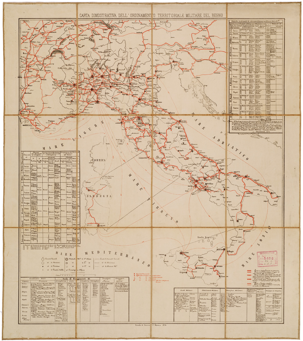 (N:4136) CARTA DIMOSTRATIVA DELL'ORDINAMENTO TERRITORIALE MILITARE DEL REGNO (B0008421) Carte e stampe antiche: riproduzione a colori su carta (formato A1)