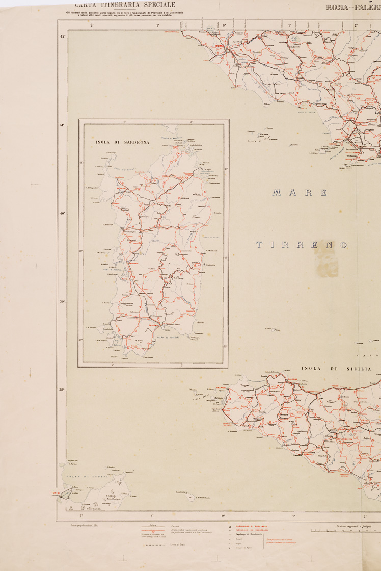 (N:5591) CARTA ITINERARIA SPECIALE D'ITALIA CON Tavola POLIOMETRICA - Foglio 2 - Roma-Palermo (B0008426, B0008427, B8426-27) Carte e stampe antiche: riproduzione a colori su carta (formato A1)