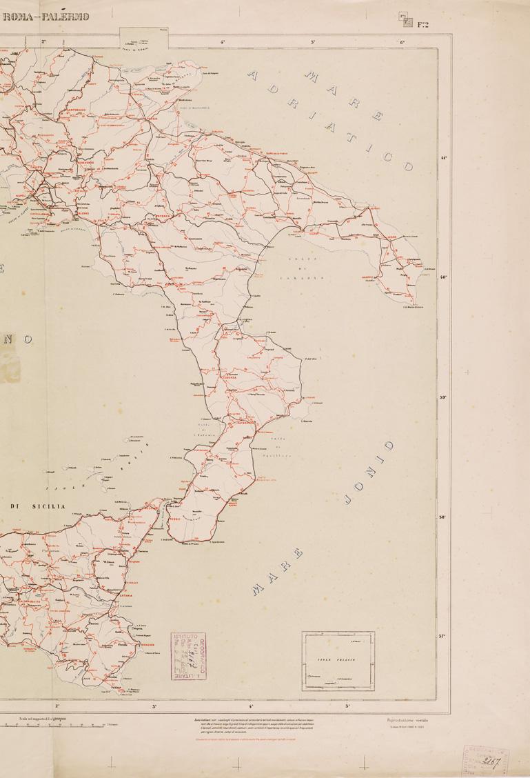 (N:5591) CARTA ITINERARIA SPECIALE D'ITALIA CON Tavola POLIOMETRICA - Foglio 2 - Roma-Palermo (B0008426, B0008427, B8426-27) Carte e stampe antiche: riproduzione a colori su carta (formato A1)