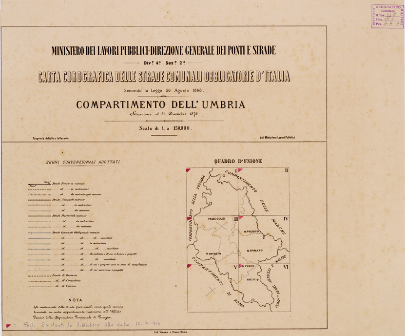 (N:3992) CARTA COROGRAFICA DELLE STRADE COMUNALI OBBLIGATORIE D'ITALIA - COMPARTIMENTO DELL'UMBRIA... - Quadro d'unione (B0008470) Carte e stampe antiche: riproduzione a colori su carta (formato A1)