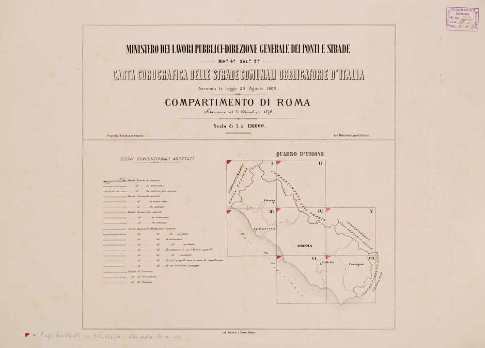 (N:3985) CARTA COROGRAFICA DELLE STRADE COMUNALI OBBLIGATORIE D'ITALIA - COMPARTIMENTO DI ROMA... - Quadro d'unione (B0008477) Carte e stampe antiche: riproduzione a colori su carta (formato A1)