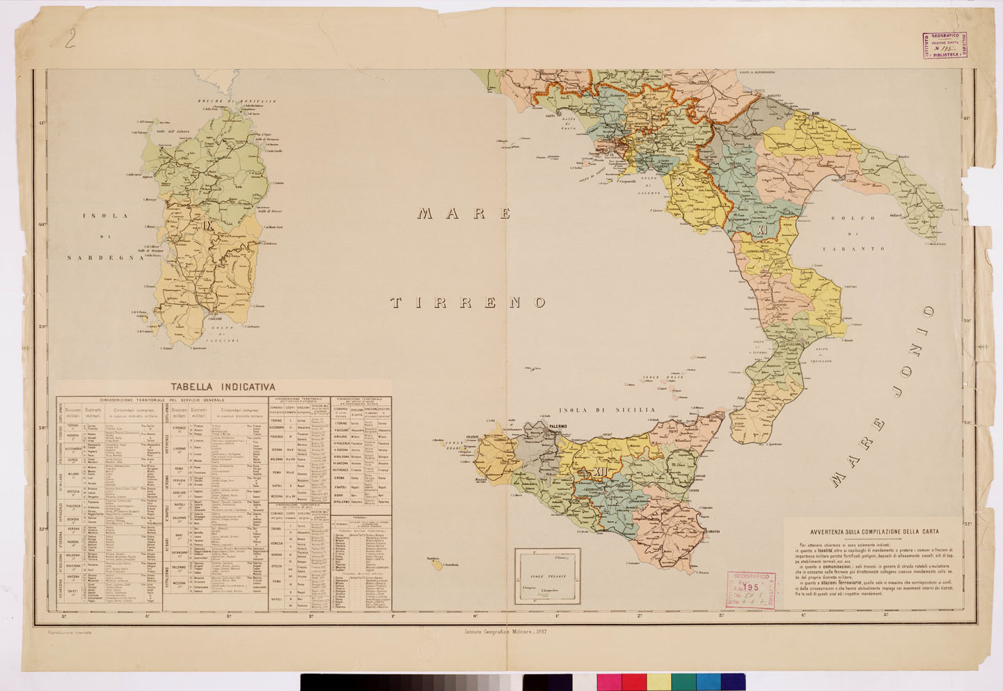 (N:2741) CARTA DELLA CIRCOSCRIZIONE MILITARE TERRITORIALE DEL REGNO (R. DECRETO 1897) - Foglio 2 (B0008493) Carte e stampe antiche: riproduzione a colori su carta (formato A1)