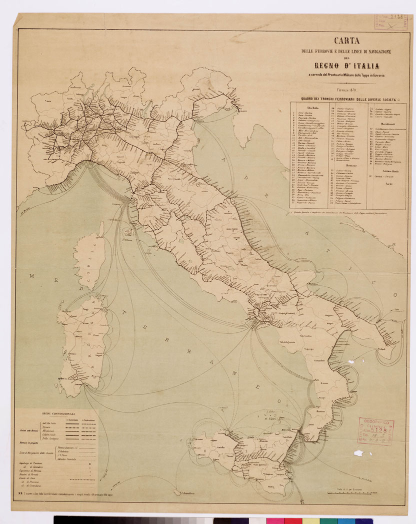 (N:3795) CARTA DELLE FERROVIE E DELLE LINEE DI NAVIGAZIONE DEL REGNO D'ITALIA... (B0008514) Carte e stampe antiche: riproduzione a colori su carta (formato A1)