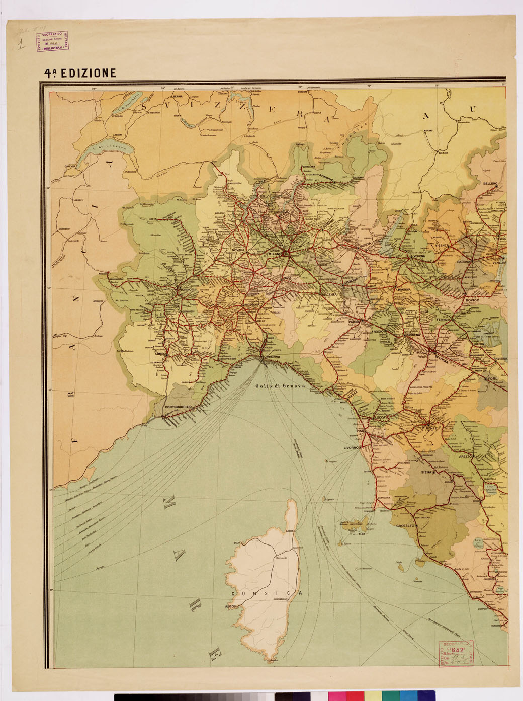 (N:16389) STRADE FERRATE ITALIANE IN ESERCIZIO IN COSTRUZIONE ED IN PROGETTO CON INDICAZIONE A COLORI DELLE DIVERSE PROVINCIE E DI TUTTE LE STAZIONI - Foglio 1 (B0008516) Carte e stampe antiche: riproduzione a colori su carta (formato A1)