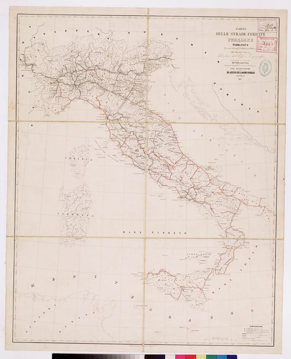 (N:3993) CARTA DELLE STRADE FERRATE ITALIANE (B0008520) Carte e stampe antiche: riproduzione a colori su carta (formato A1)