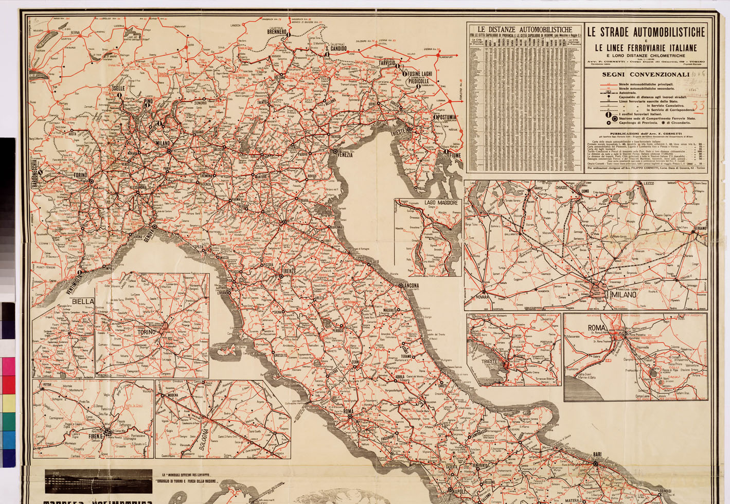 (N:11450) LE STRADE AUTOMOBILISTICHE E LE LINEE FERROVIARIE ITALIANE E LE LORO DISTANZE CHILOMETRICHE (B0008522, B0008523, B8522-23) Carte e stampe antiche: riproduzione a colori su carta (formato A1)