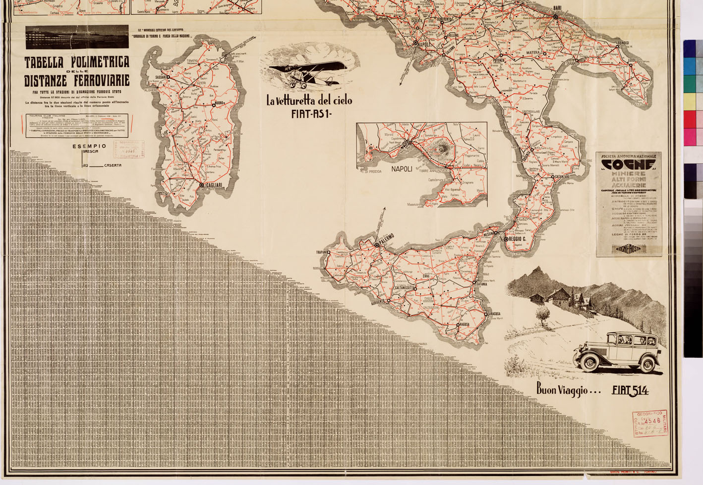 (N:11450) LE STRADE AUTOMOBILISTICHE E LE LINEE FERROVIARIE ITALIANE E LE LORO DISTANZE CHILOMETRICHE (B0008522, B0008523, B8522-23) Carte e stampe antiche: riproduzione a colori su carta (formato A1)